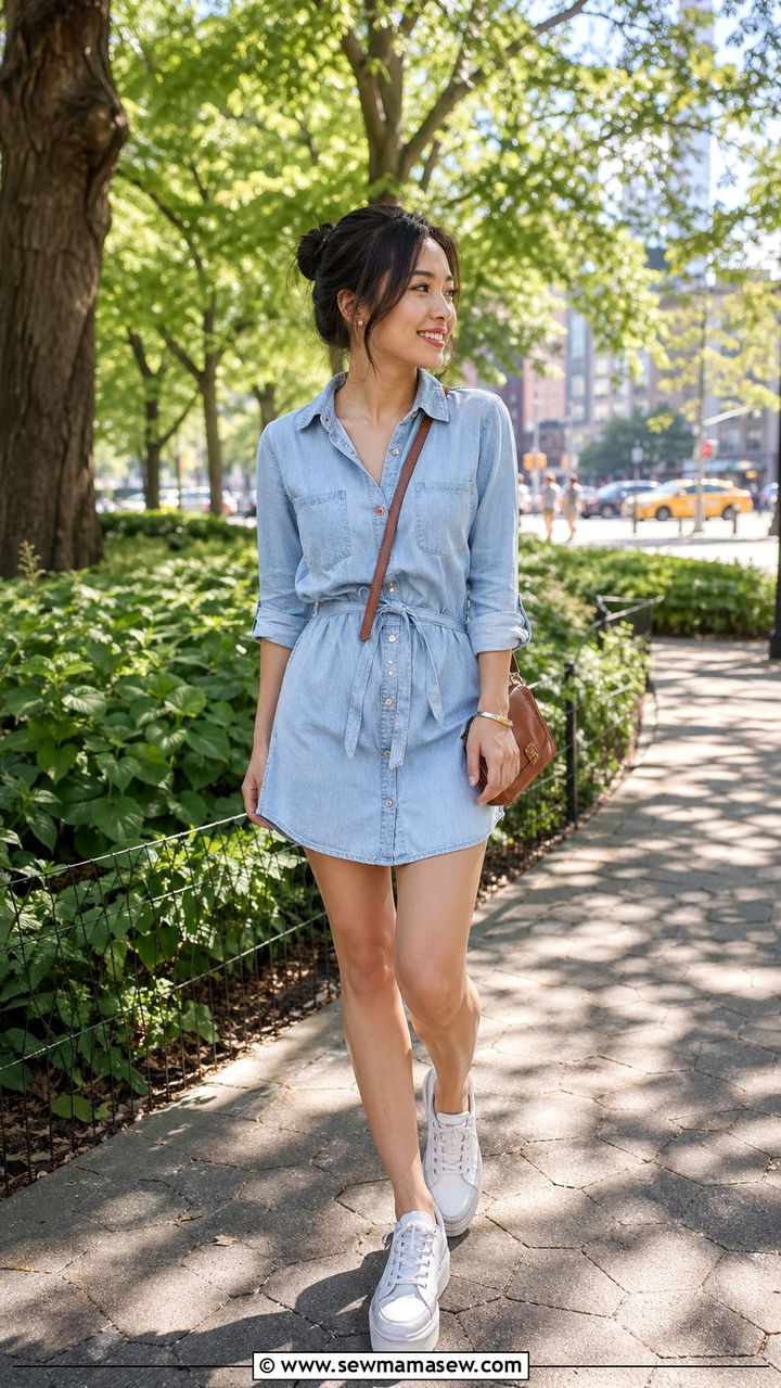Chambray dress and sneakers - 35 Petite summer outfit ideas