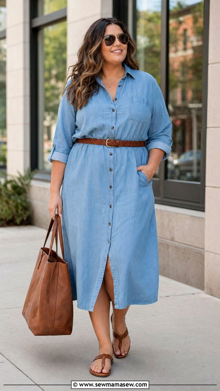 Chambray dress with braided belt and sandals - 35 Plus size outfit ideas size 18 summer