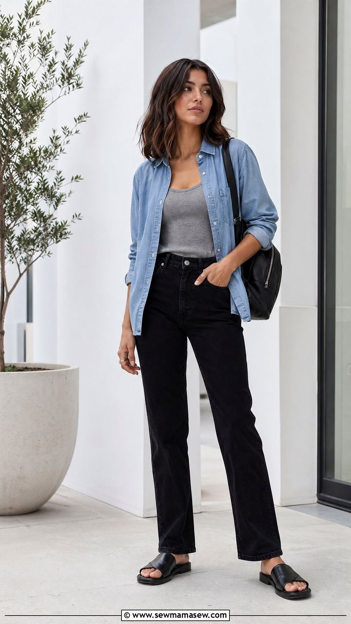 Chambray shirt and black jeans - 35 Summer outfits with jeans