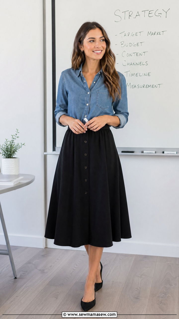 Chambray shirt and black midi skirt teacher outfit - 35 spring outfits for teachers