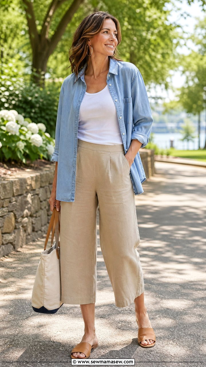 Chambray shirt and khaki culottes outfit - 35 summer outfits for women over 30