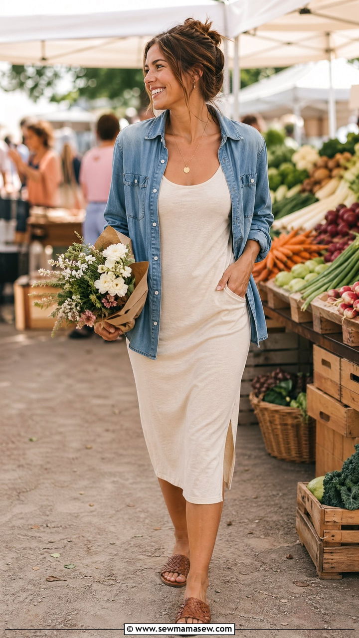 Chambray shirt over a tank dress with woven slides - 35 spring to summer outfits for women