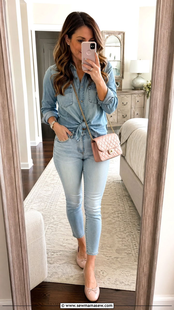 Chambray shirt with ballet flats outfit - 35 Chambray shirt with jeans outfit ideas
