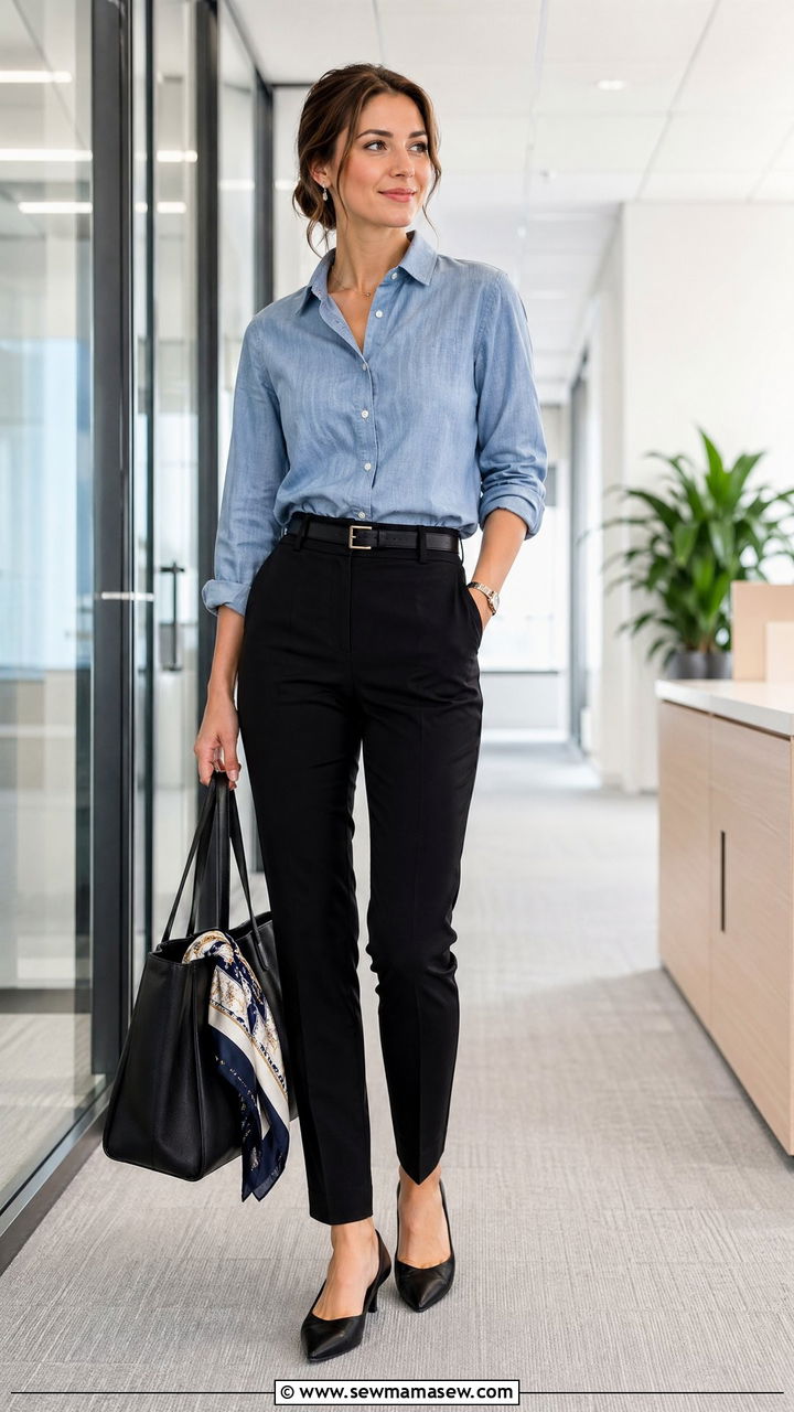 Chambray shirt with black slim trousers office outfit - 35 Summer office outfits