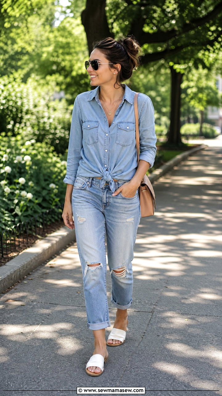 Chambray shirt with boyfriend jeans outfit - 35 Chambray shirt with jeans outfit ideas