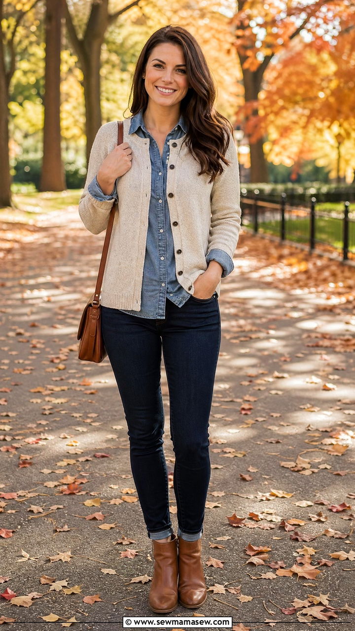 Chambray shirt with cardigan outfit - 35 Chambray shirt with jeans outfit ideas
