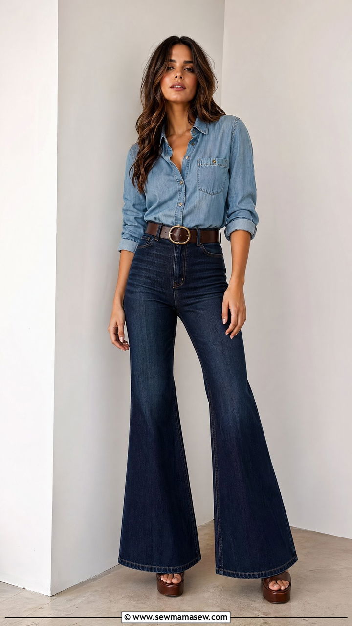 Chambray shirt with flared jeans outfit - 35 Chambray shirt with jeans outfit ideas