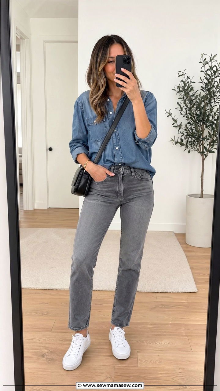 Chambray shirt with gray jeans outfit - 35 Chambray shirt with jeans outfit ideas