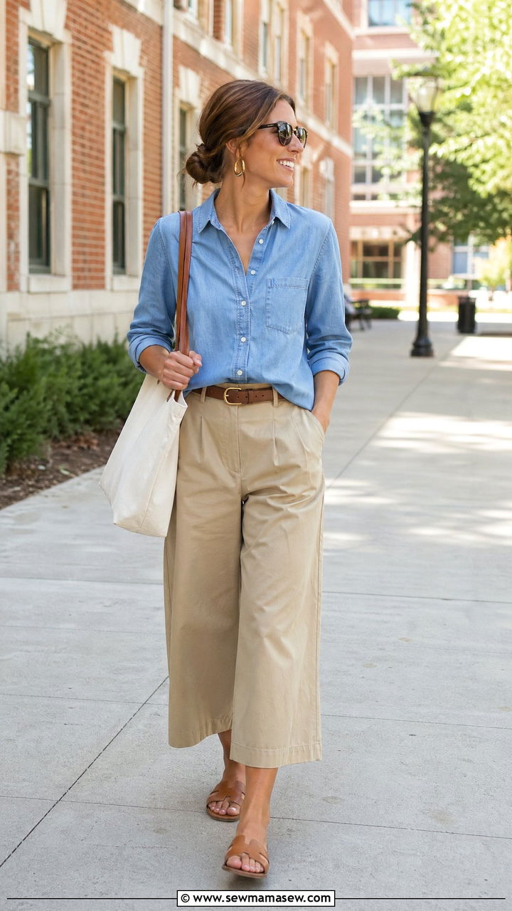 Chambray shirt with khaki culottes summer office outfit - 35 Summer work outfits