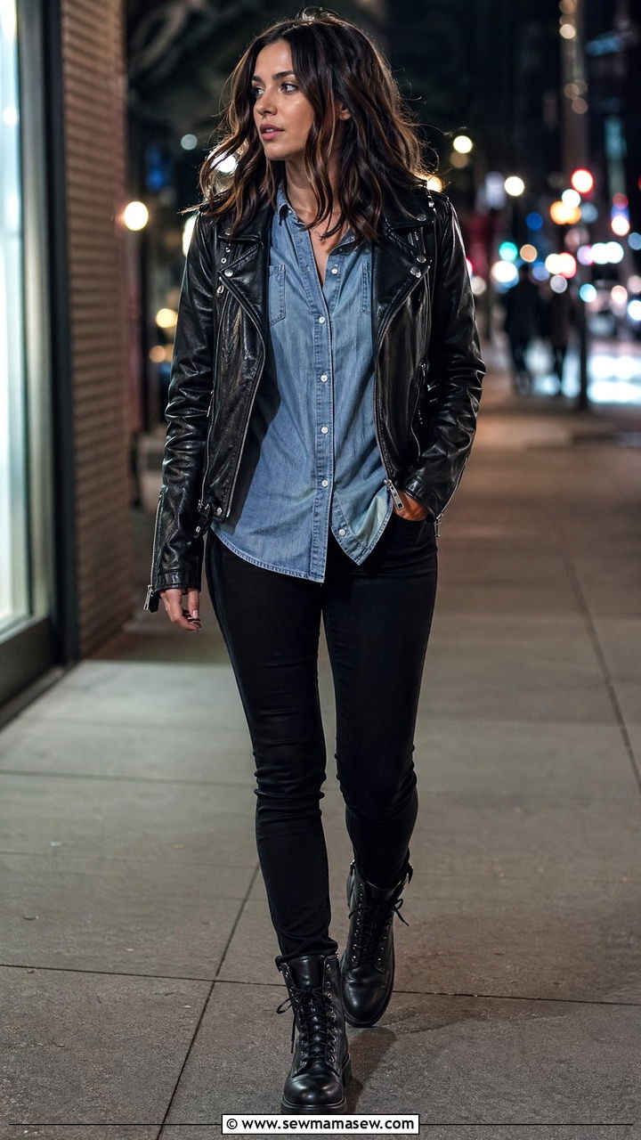 Chambray shirt with leather jacket outfit - 35 Chambray shirt with jeans outfit ideas