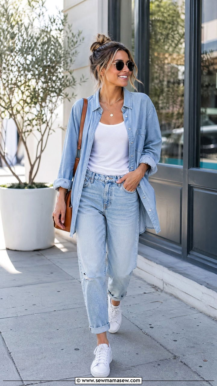 Chambray shirt with light wash jeans outfit - 35 Chambray shirt with jeans outfit ideas