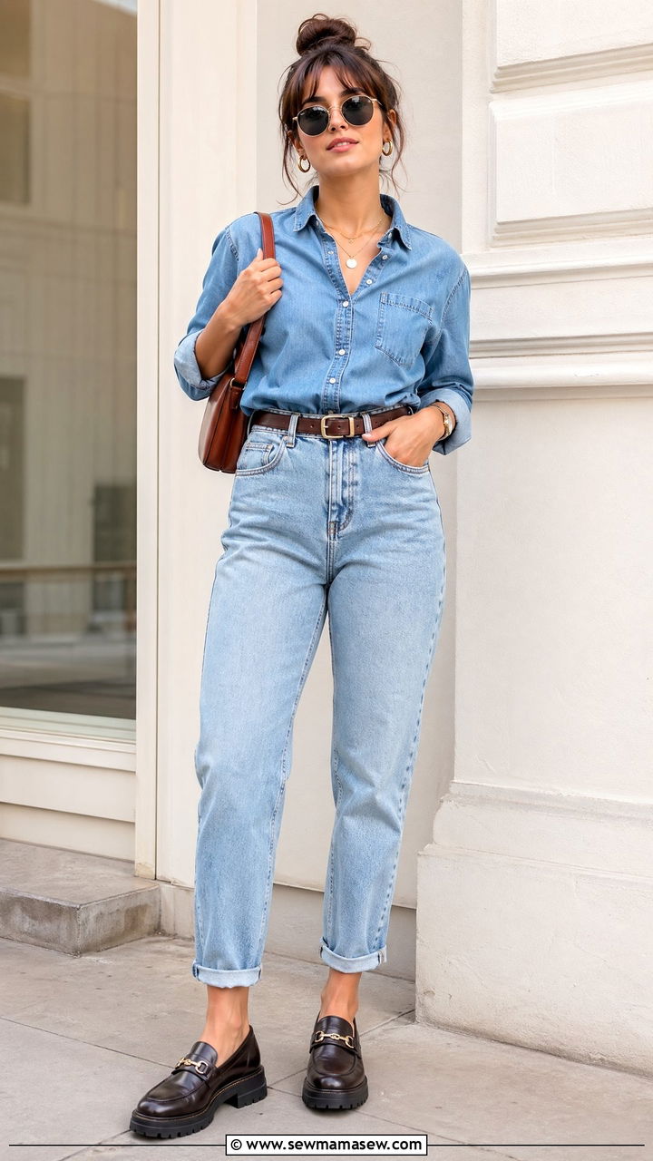 Chambray shirt with mom jeans outfit - 35 Chambray shirt with jeans outfit ideas