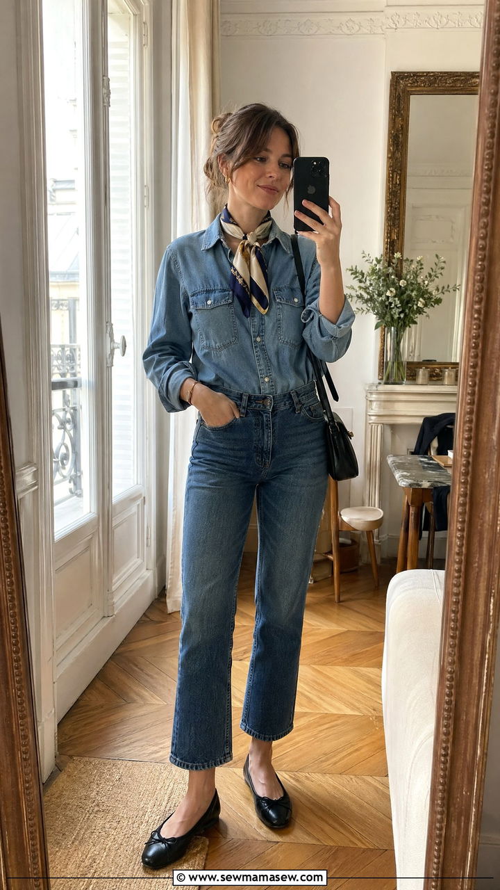 Chambray shirt with neck scarf outfit - 35 Chambray shirt with jeans outfit ideas