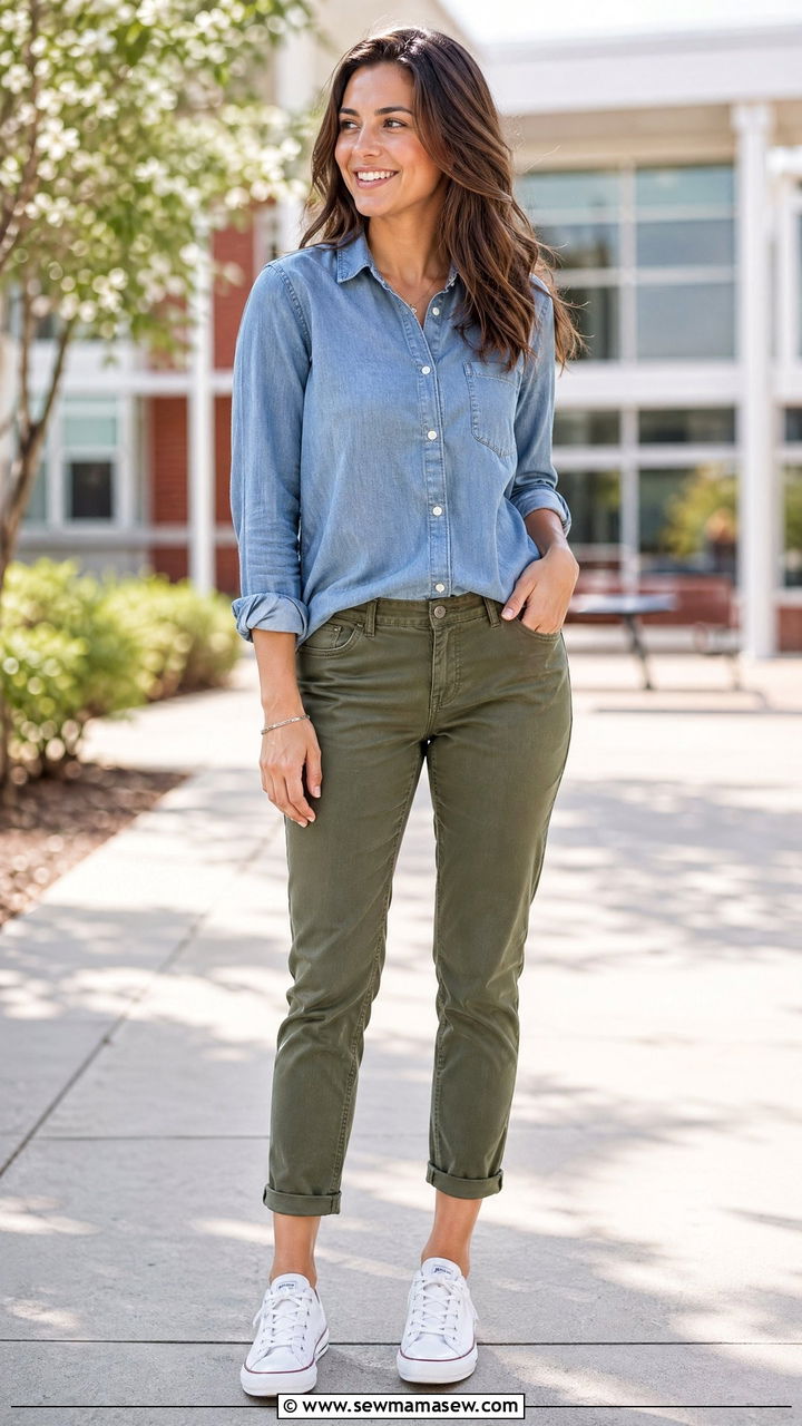 Chambray shirt with olive green pants and sneakers - 35 spring teacher outfit ideas