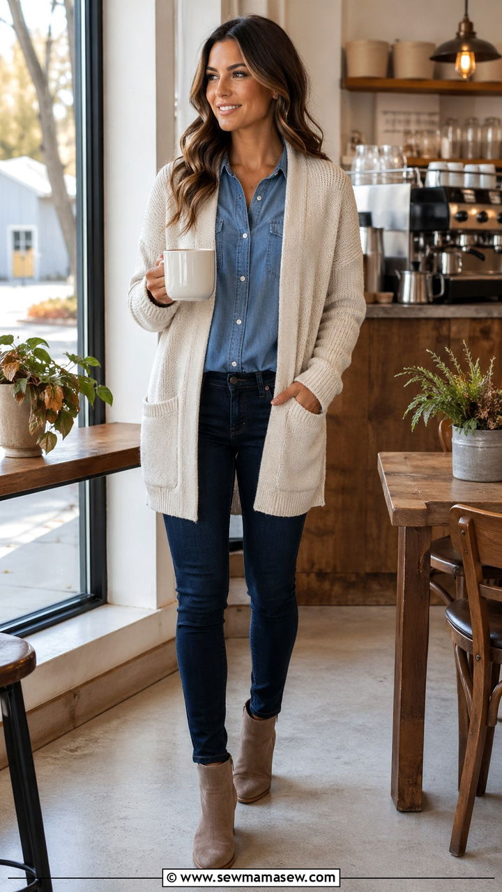 Chambray shirt with skinny jeans and a cardigan - 30 Skinny jeans outfit ideas with a button down