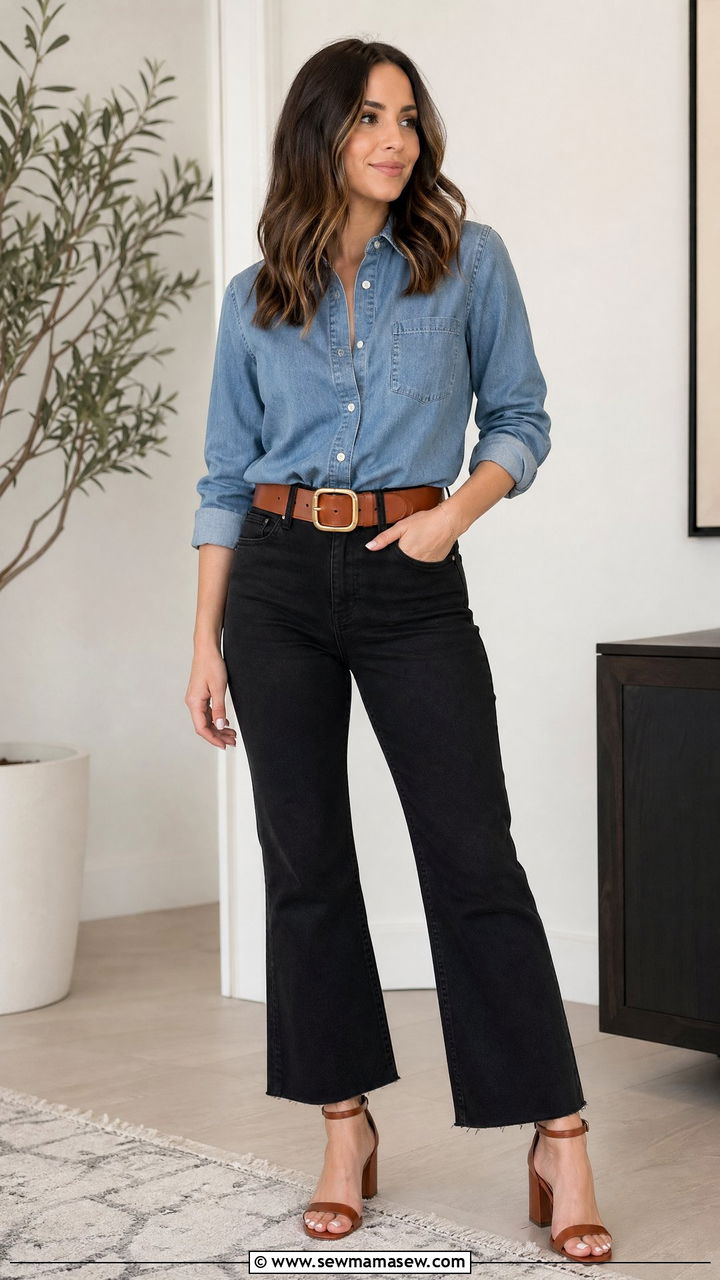 Chambray shirt with statement belt outfit - 35 Chambray shirt with jeans outfit ideas