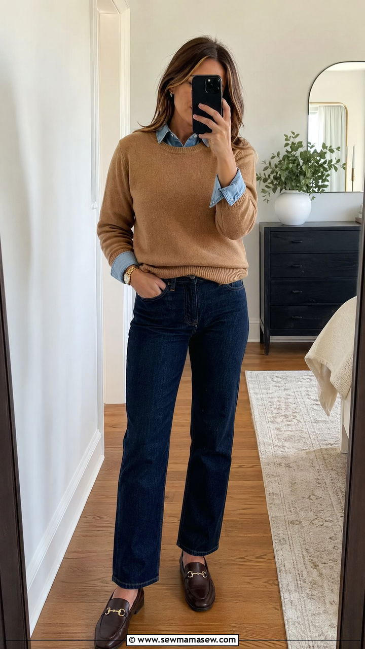 Chambray shirt with sweater layered outfit - 35 Chambray shirt with jeans outfit ideas