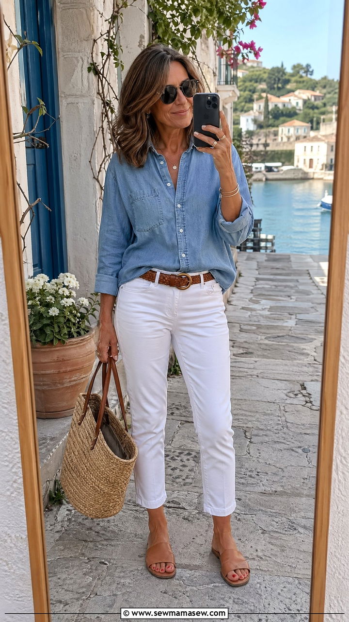 Chambray shirt with white ankle pants outfit - 35 Vacation outfits for women over 40