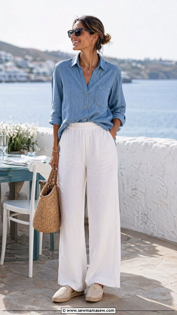Chambray shirt with white linen trousers and espadrilles - 35 spring easy outfit ideas