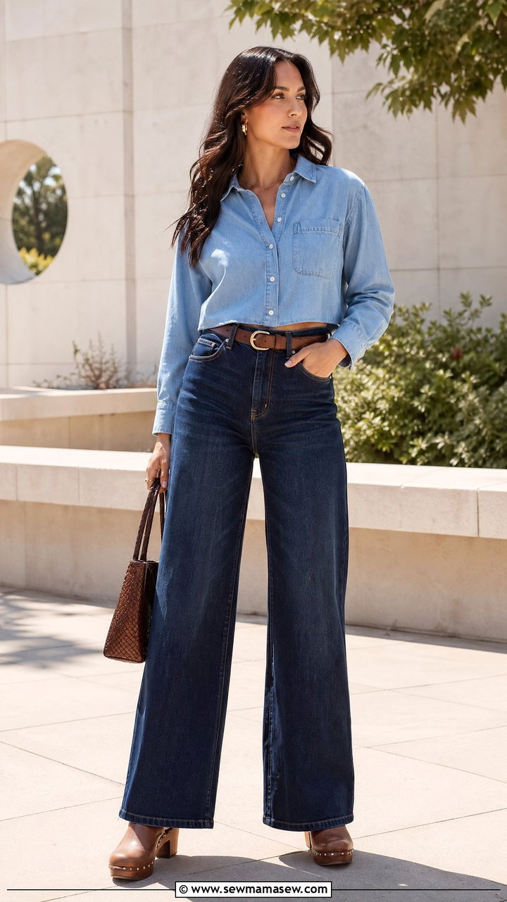 Chambray shirt with wide leg jeans outfit - 35 Chambray shirt with jeans outfit ideas