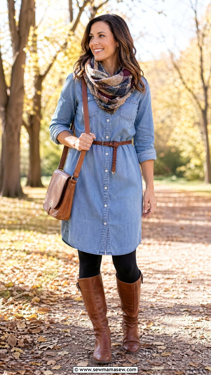 Chambray shirtdress and flat boots outfit - 35 Casual outfits for moms