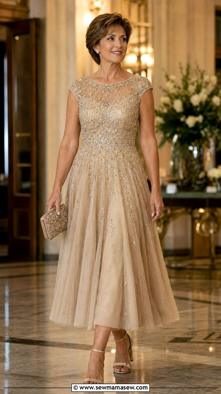 Champagne Embellished Tea Length Gown - 35 Mother of the groom outfit ideas