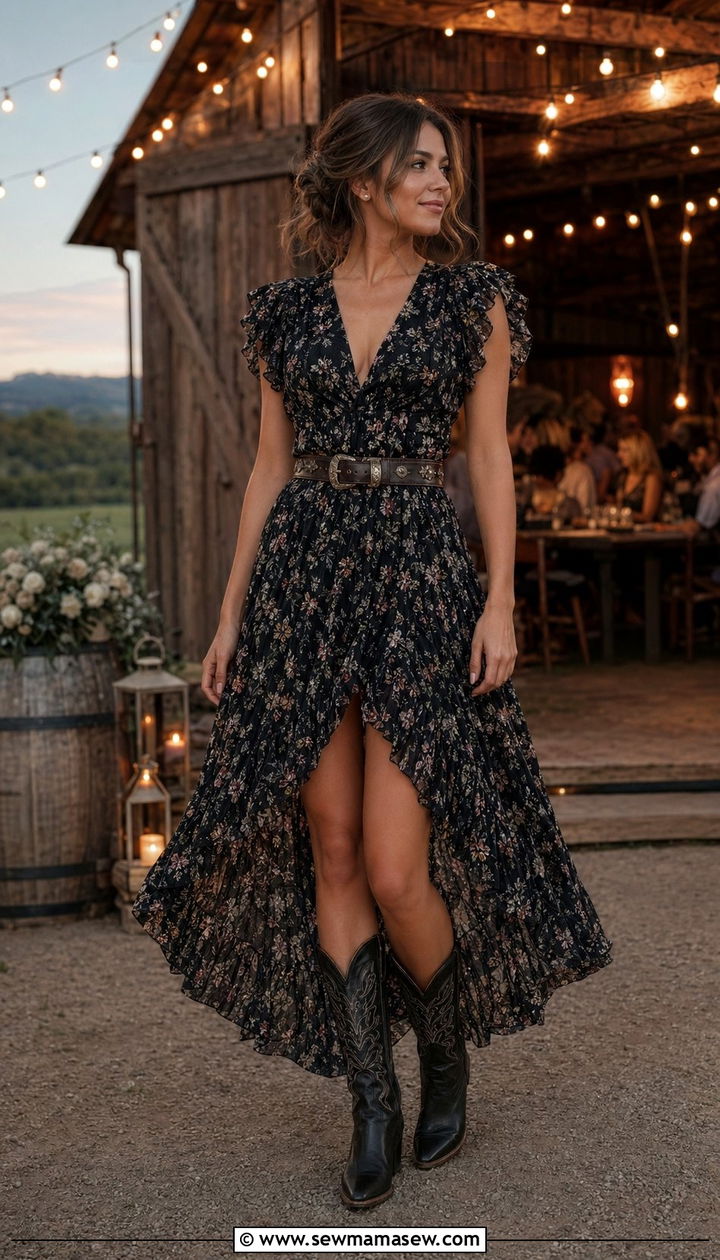Champagne Pleated Midi Dress with Metallic Cowboy Boots - 30 Barn wedding guest outfit ideas