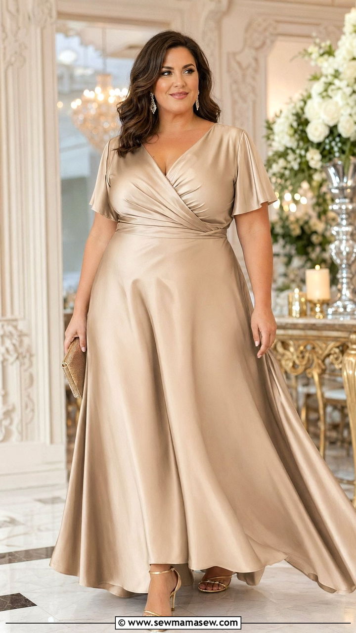 Champagne Satin A Line Maxi Dress With Metallic Strappy Heels - 30 wedding guest outfits for apple shaped body