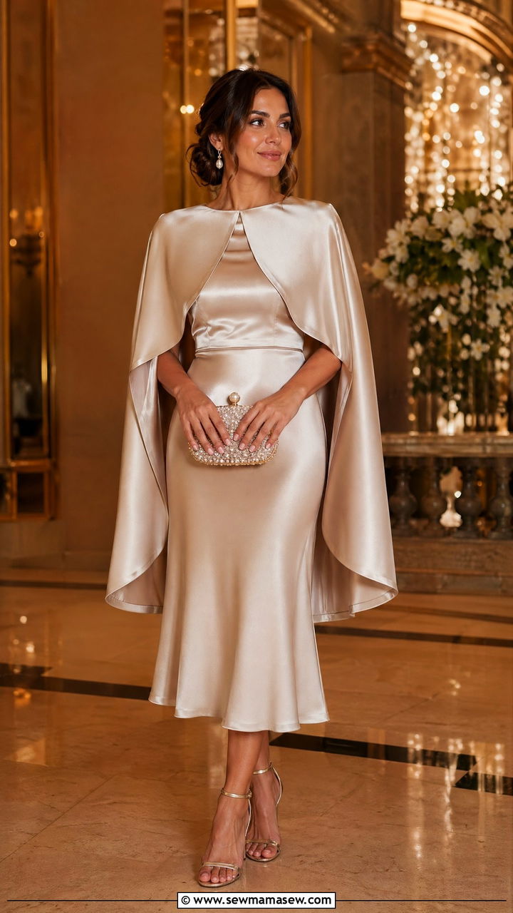 Champagne Satin Midi Dress With A Structured Cape Overlay - 35 classy elegant outfits