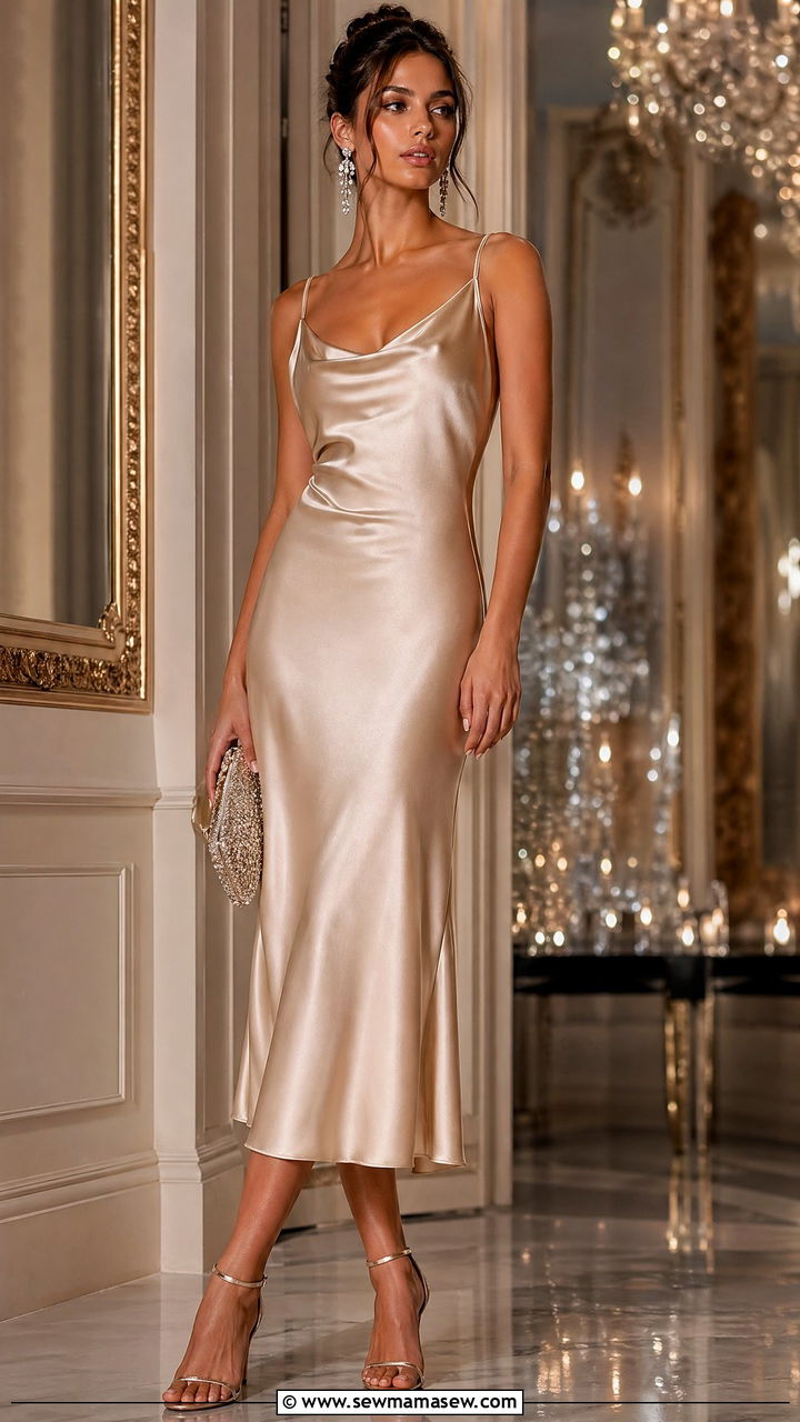 Champagne Satin Slip Dress Wedding Guest Outfit - 35 Wedding guest outfits for women
