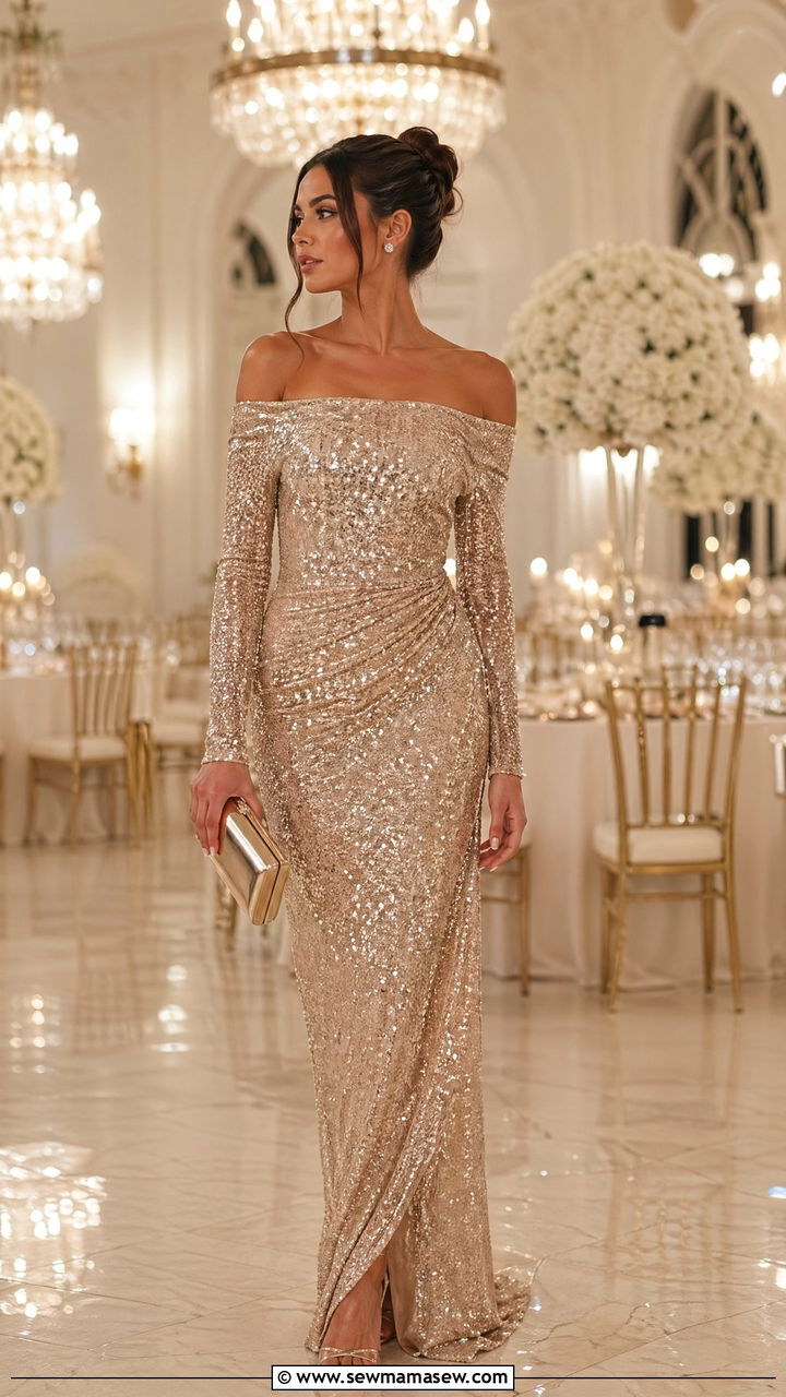 Champagne Sequin Gown With Off the Shoulder Sleeves - 35 wedding guest outfit ideas for women