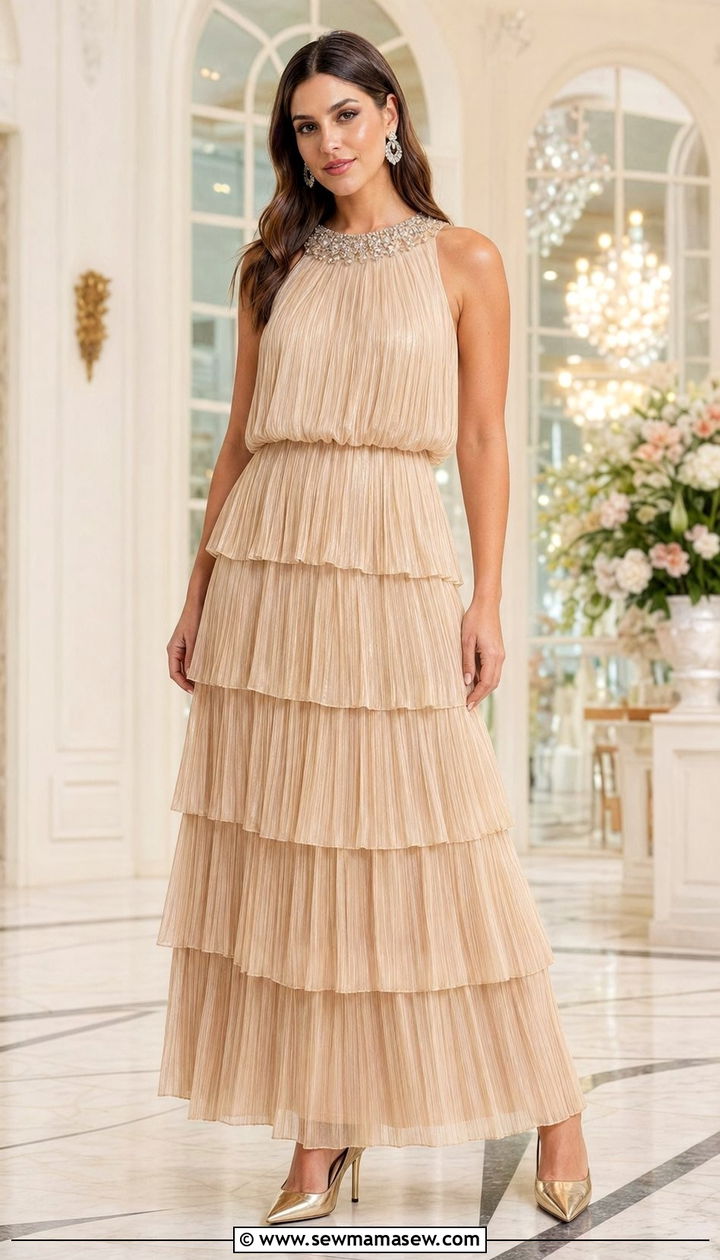 Champagne Tiered Maxi Dress With Embellished Neckline - 30 Wedding guest outfits for mom