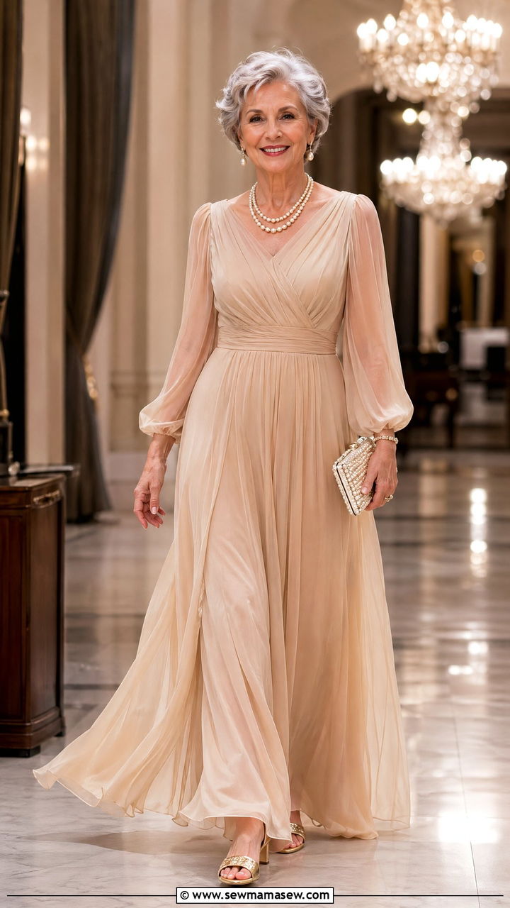 Champagne chiffon gown for wedding guest over 60 - 35 Wedding guest outfits for women over 60