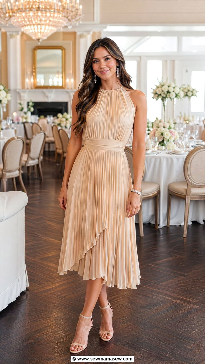 Champagne pleated midi dress with crystal jewelry wedding guest - 35 Country club wedding guest outfit ideas