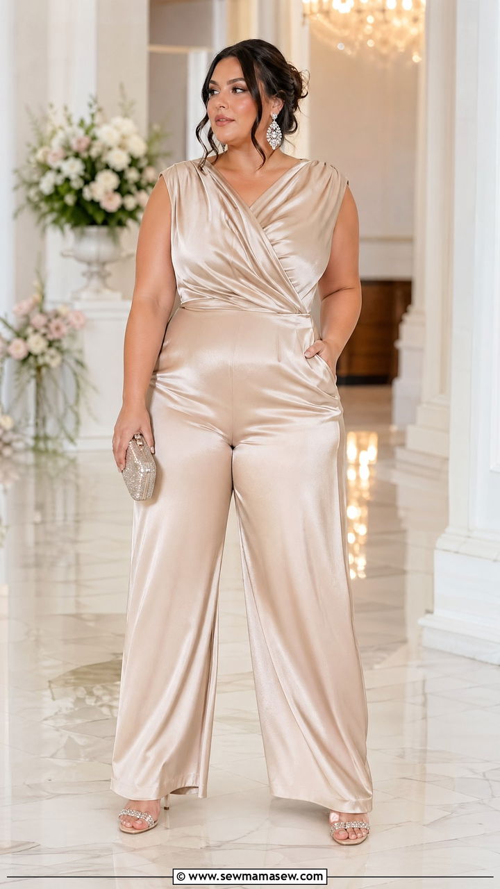 Champagne satin jumpsuit outfit - 35 Curvy girl wedding guest outfits