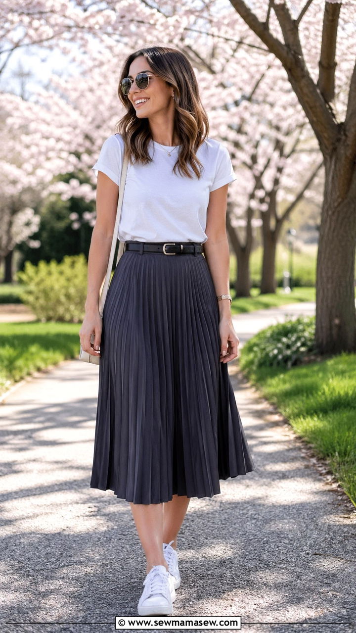 Charcoal Gray Pleated Midi Skirt With White Tee - 30 spring gray outfit ideas
