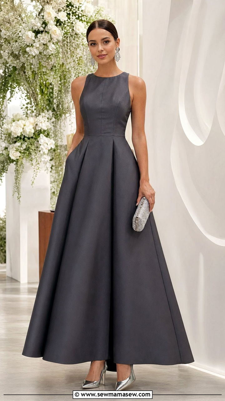 Charcoal Gray Structured A Line Evening Gown - 30 Wedding guest outfit ideas evening gown