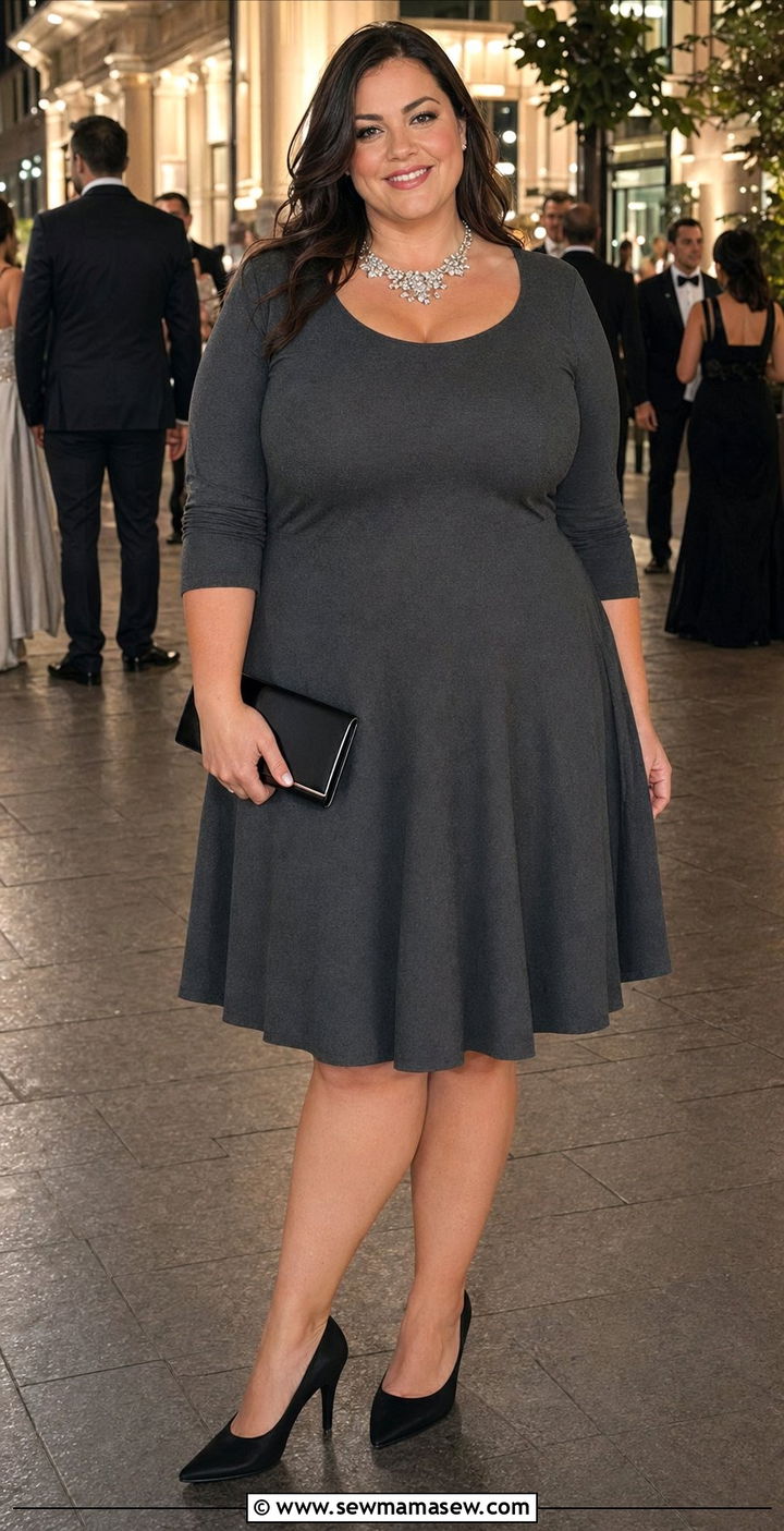 Charcoal Grey A Line Dress With Statement Necklace - 30 wedding guest outfits for apple shaped body