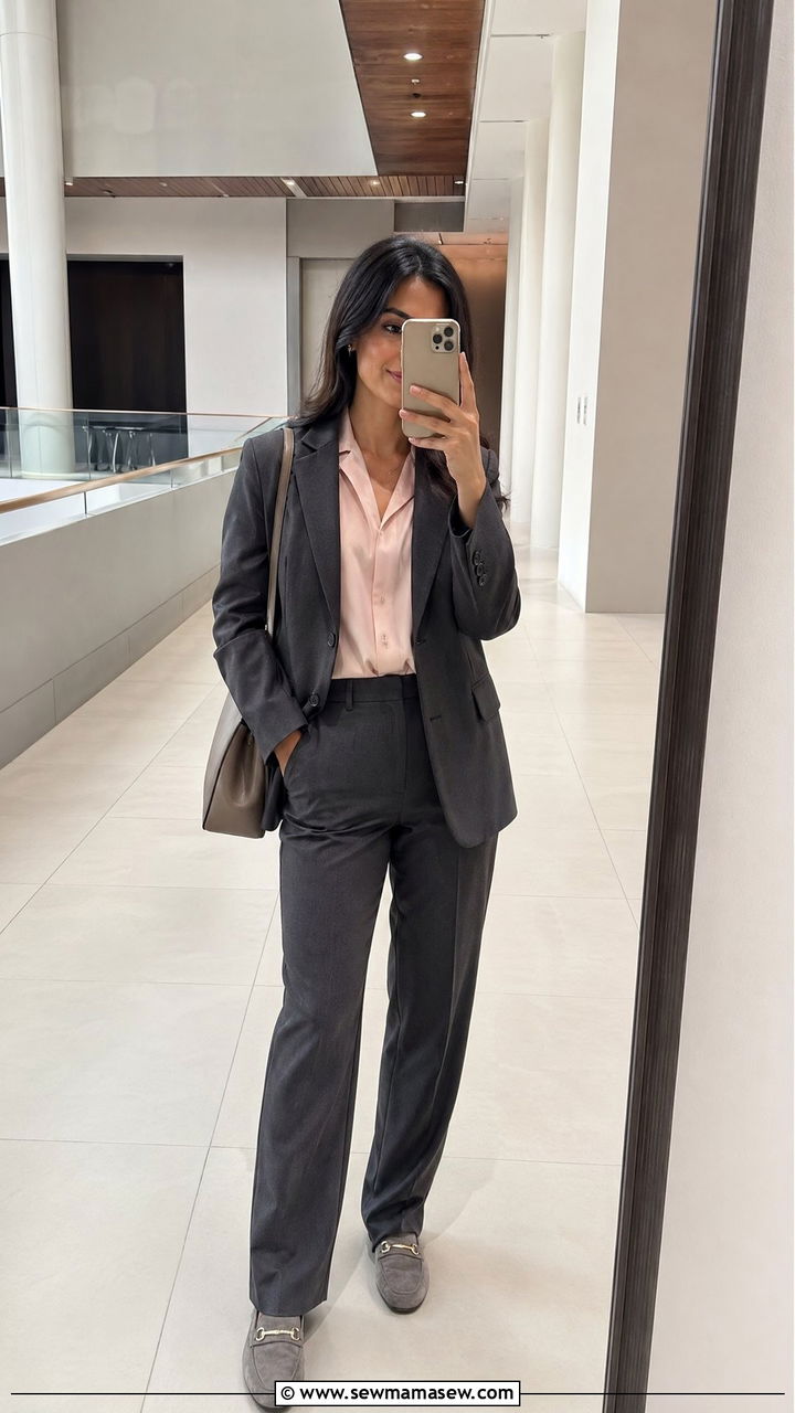 Charcoal Grey Suit With A Pastel Blouse - 35 Conference outfit ideas