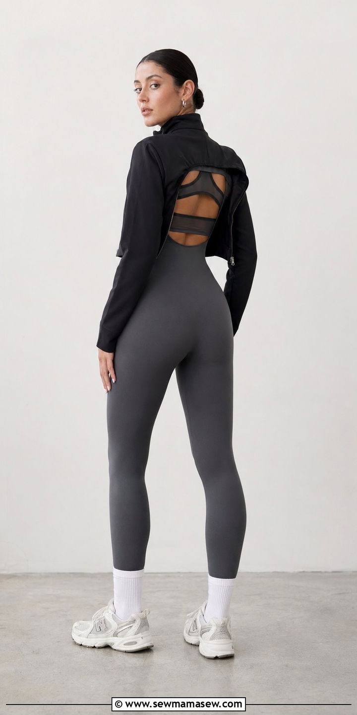 Charcoal Grey Unitard With Cropped Zip Up - 35 pilates outfit ideas