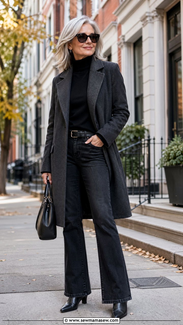Charcoal Grey Wool Coat with Black Turtleneck and Bootcut Jeans - 35 Classy outfits for mature women