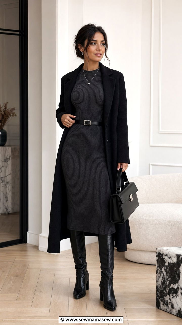 Charcoal Knit Dress with Knee High Leather Boots - 35 Quiet luxury work outfits