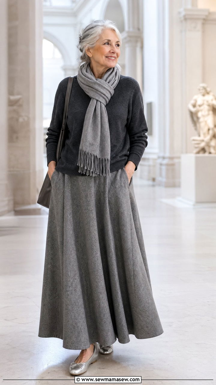 Charcoal Merino Sweater With a Heather Gray Flannel Maxi Skirt - 35 Skirt outfit ideas for women over 60