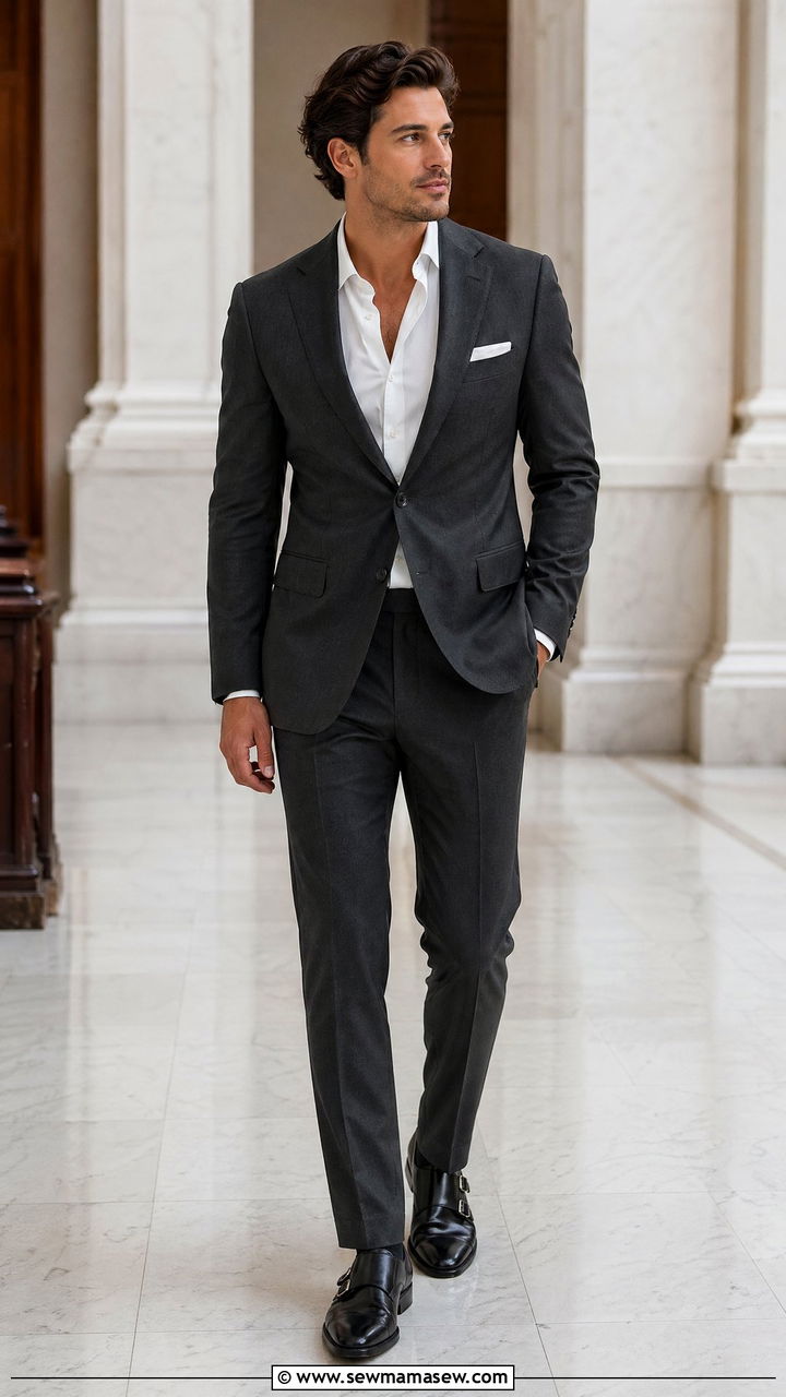 Charcoal Suit with Open Collar Shirt - 35 Courthouse wedding guest outfits