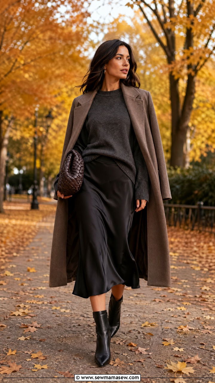 Charcoal Sweater With Black Satin Skirt And Heeled Boots - 35 classy elegant outfits