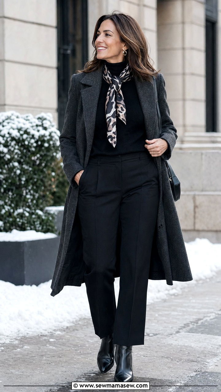 Charcoal Wool Coat with Black Trousers and Scarf - 35 Old money outfit ideas for women over 40