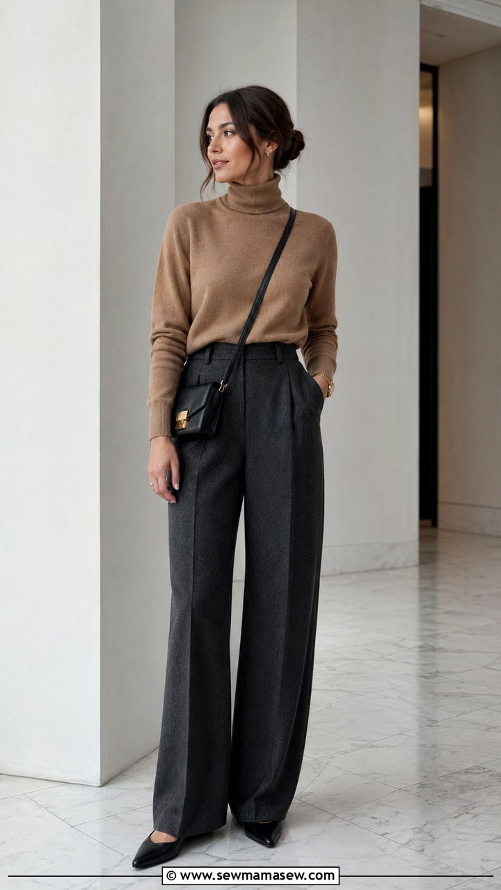 Charcoal Wool Trousers with Camel Turtleneck - 35 Modest outfit ideas old money