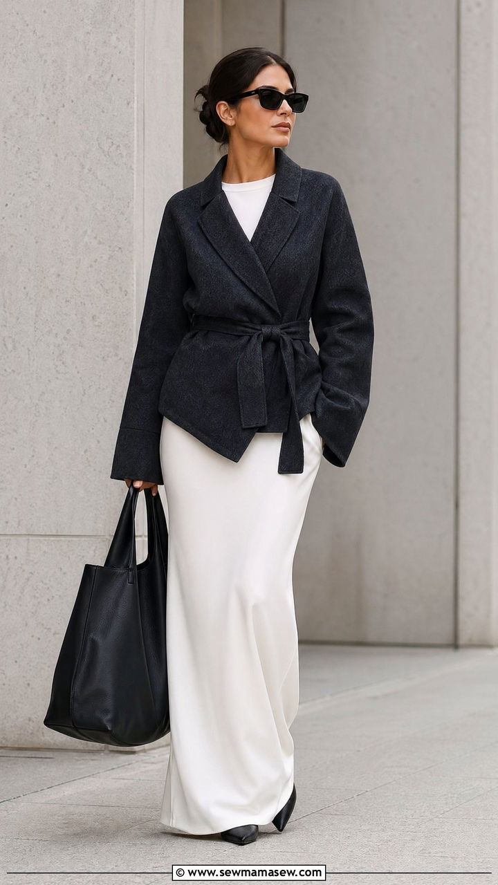 Charcoal Wrap Jacket With Floor Grazing White Skirt - 35 classy elegant outfits