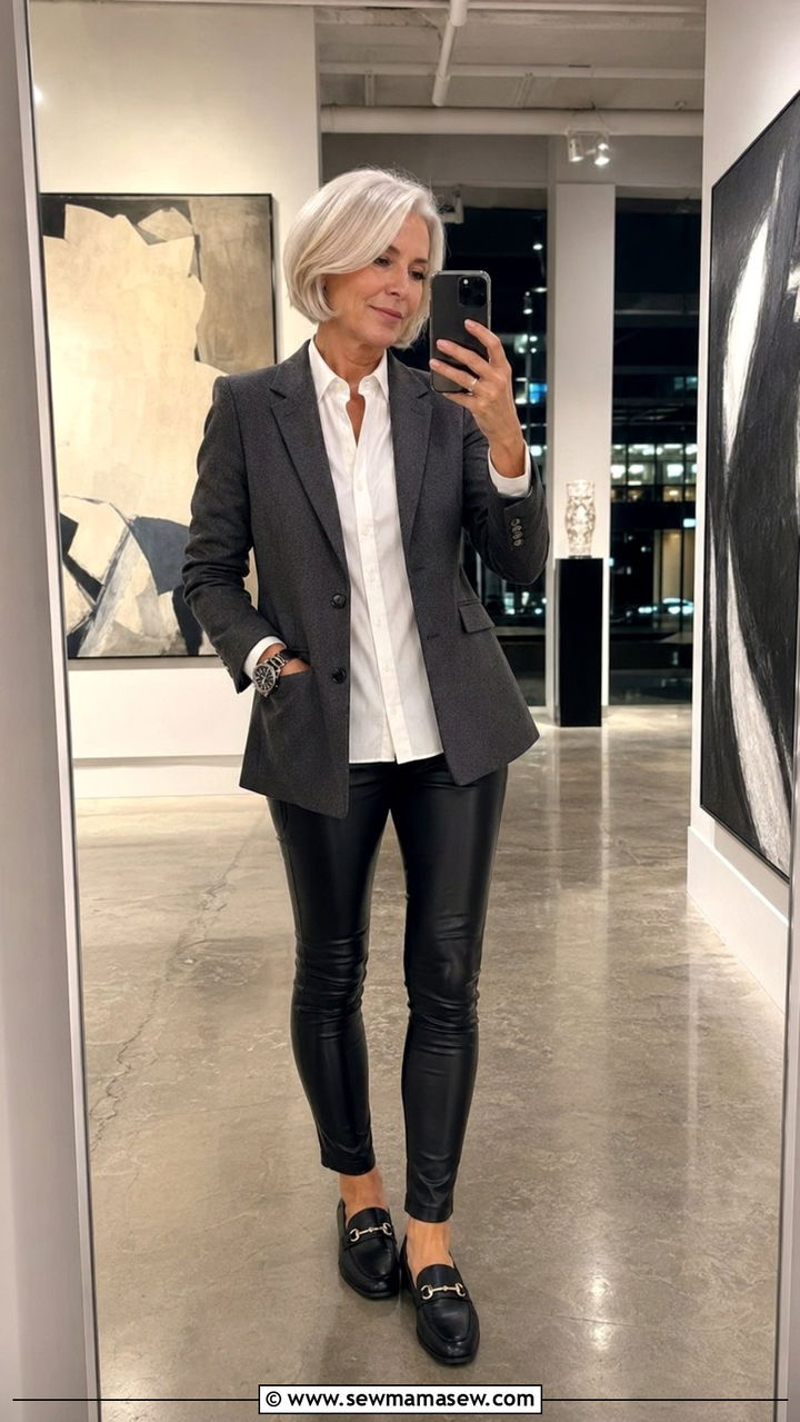 Charcoal blazer with black fauxleather leggings - 30 Best blazers for women over 50