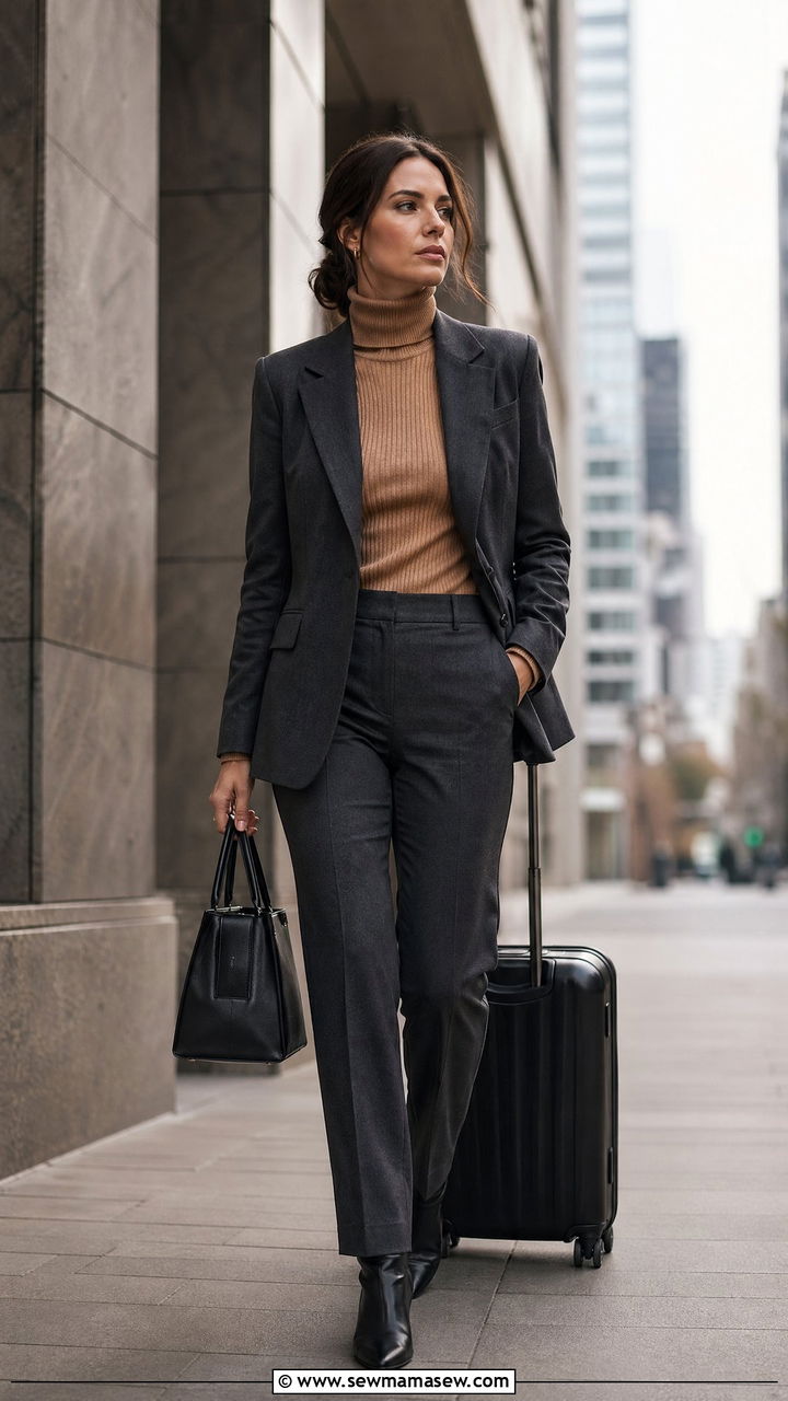 Charcoal blazer with camel turtleneck and tailored pants - 35 classy travel outfit ideas